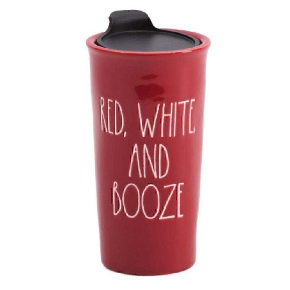 Rae Dunn 'Red White and Booze' Red 16 Oz Tumbler Ceramic Travel Mug New